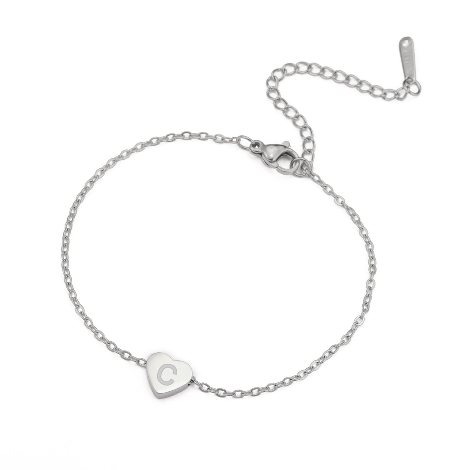 Wholesale Fashionable 26 English letters with heart-shaped stainless steel bracelet